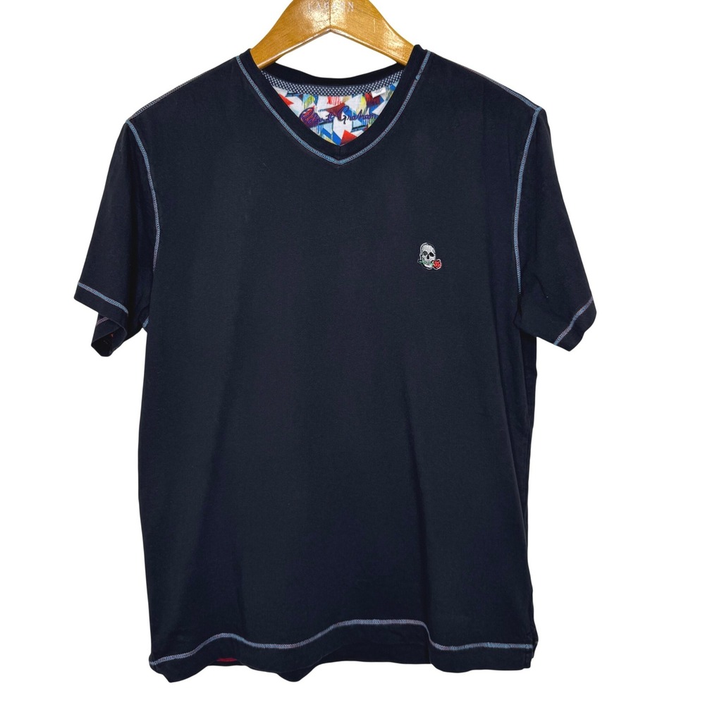 ROBERT GRAHAM Damien V-Neck‎ T-Shirt Skull Rose Medium
